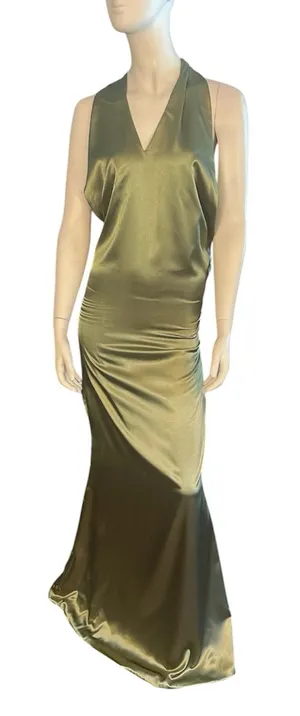 Inewer Backless Halter Puddling Floor Length Satin Gown Olive Green Size 8 NWT thumbnail 1