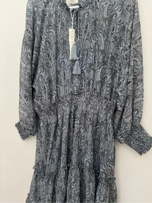 Lovestitch Paisley Boho Peasant Mini Dress Women’s Large Blue Gray Tassel NWT thumbnail 5