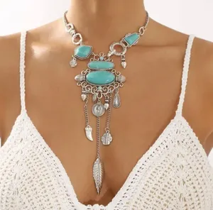 Boho Turquoise Necklace Pendant with Tassel Metal Feather thumbnail 3