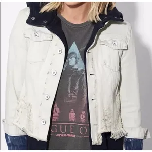 Free People Hoodie Jacket Women XS White Distressed Double‎ Weave Denim thumbnail 5