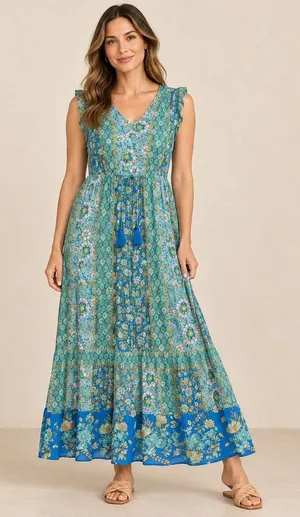 Knox Rose Blue Green Floral Patchwork Maxi Dress Sleeveless Tassel Waist Medium thumbnail 1