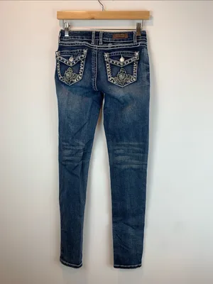 ViVi Diva skinny jeans sz 5 dark wash bedazzled embroidered floral western moto thumbnail 4