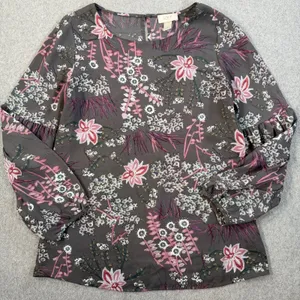 LOFT Outlet Women's Small Sheer Charcoal Pink Floral Long Sleeve Blouse Top thumbnail 1