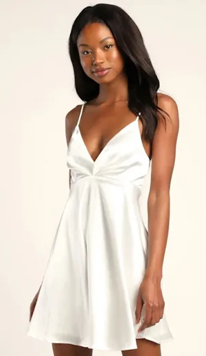 NWT Lulus Happily Yours Ivory Satin Skater Mini Dress Party Cocktail LWD Size M thumbnail 1