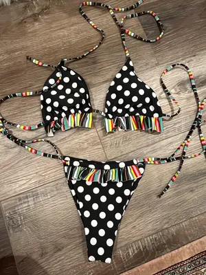 Side Tie Polka Dot Bikini Set Rifles And Multicolor Detailing Multi Size XS thumbnail 1