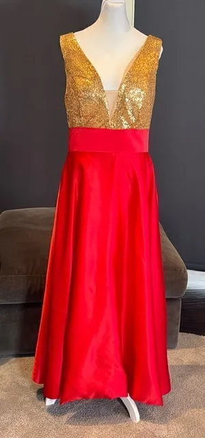Women’s Gold Sequined Deep V-Neck Red Satin Full Length Prom Party Dress Size M thumbnail 1