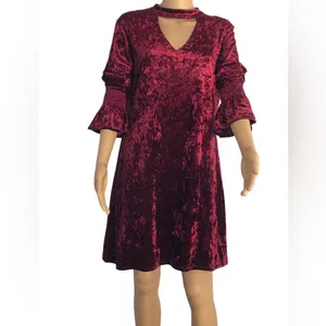 Marc Bouwer Unlimited Burgundy Crushed Velvet Bell Sleeve Keyhole Dress Womens M thumbnail 12
