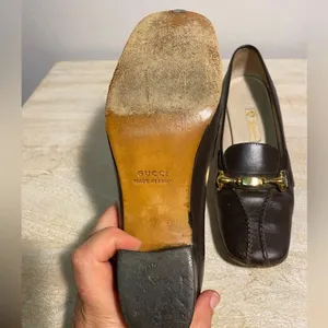 Vintage Gucci 70’s brown leather loafers w/ block heel. Size 35.5. Gold accent thumbnail 7