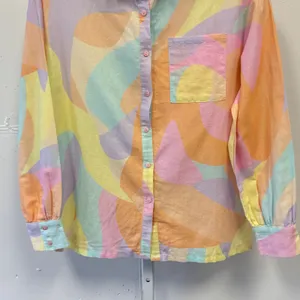 Peppermayo Pastel Abstract Swirl Linen Blend Button Down Shirt US 4 Pink Yellow thumbnail 4