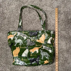 Harrods Tote Bag Womens Large Green Cat Print PVC Coated Excellent Zip Top thumbnail 3