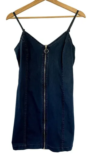 Iris‎ blue denim minidress women's size L full zip front spaghetti straps thumbnail 1