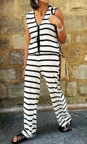 Mango knit set tie front top pants striped white black cream sleeveless long thumbnail 1