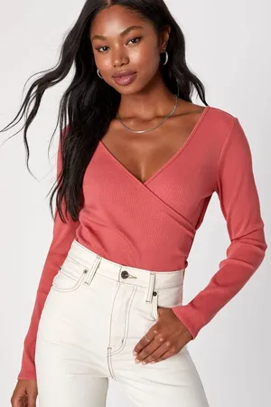 Lulus All Day Fave Rusty Rose Ribbed Surplice Long Sleeve Top Stretch Medium NWT thumbnail 1