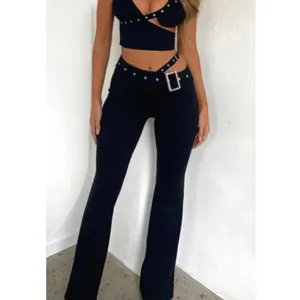 Outcast Flare Pants Asymmetrical Waist Buckle Tiffany Size M Black Silver thumbnail 5