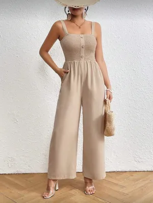 Tan Jumpsuit With Button Detail And Pockets thumbnail 7
