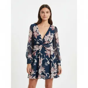 Lulus Mini Dress M Navy Floral Metallic Sheer Long Sleeve Twisted Front V-Neck thumbnail 2