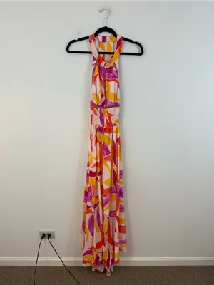 Abel the Label Orange and Pink Halter Open Back Maxi Dress Slitted Size Large thumbnail 2