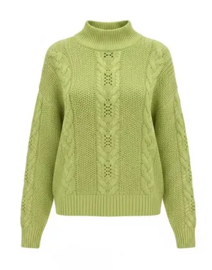 Vero Moda Lime Green Cable Knit Mock Neck Sweater Pointelle Pullover Women Large thumbnail 1