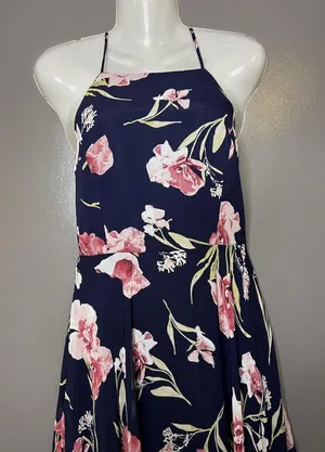 Lulus Dress Womens Medium Blue Floral Halter Maxi Sundress Crisscross Back thumbnail 1