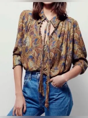 Free People Paisley Tie-Neck Blouse in Brown and Blue thumbnail 1