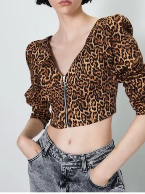 Zara Leopard-Print Zip Crop Top with Puff Sleeves - Brown/Black thumbnail 2
