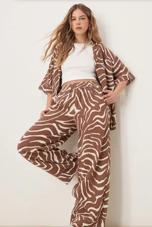 ASOS DESIGN Brown Zebra Print Cotton Gauze Wide Leg Pants Small High Rise thumbnail 1