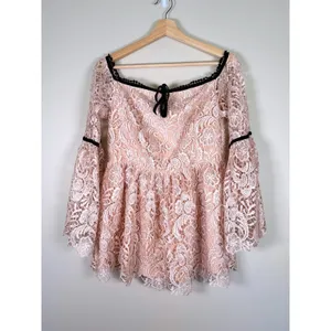 Boston Proper Pink Lace Off the Shoulder Bell Sleeve‎ Top Pom Pom Trim Size 10 thumbnail 2