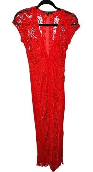 For‎ Love & Lemons Red Lace Maxi Dress Deep V-Neck High Slit XS thumbnail 1