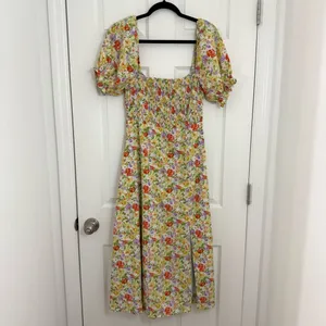 ASTR Floral Puff Sleeve Smocked Midi Dress Cottagecore Square Neck Wedding Guest thumbnail 3
