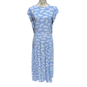 LOFT Light Blue Dragonfly Print Midi Dress Cap Sleeve Side Slit Size 10 thumbnail 2