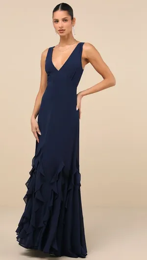 Lulus Alorna Dark Navy Sleeveless Ruffled Maxi Dress Wedding Banquet Small thumbnail 1