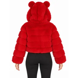 Disney Forever 21 Mickey Mouse Red Faux Fur Cropped Hooded Jacket Women’s M thumbnail 2