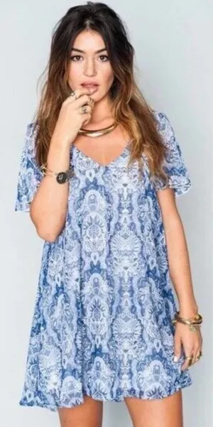 Show Me Your‎ Mumu Kylie Babydoll Mini Dress Teacup Blue White Size Small thumbnail 1