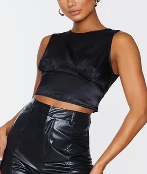 Pretty Little Thing Black Satin Underbust Detail Crop Top thumbnail 1