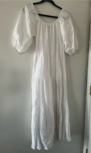 White 100% Cotton Tiered Puff Sleeve Peasant Maxi Dress Small Cottagecore thumbnail 1