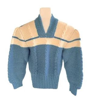 Vintage Ladies Blue & White Long Balloon Sleeve Handmade Sweater thumbnail 1