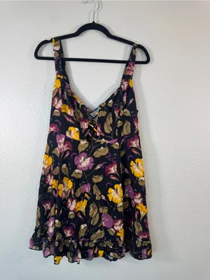 Free People Black Floral Mini Slip Dress Womens M Lattice Lovers Boho Casual thumbnail 12