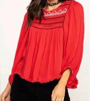 FREE‎ PEOPLE Cyprus Avenue Embroidery Red Boho Long Sleeve Top Sz XS Cottagecore thumbnail 1