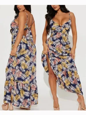NEW NWT IRIS DISCOVERY Print Tank Maxi Dress Navy Blue Palm Leaf Leaves Floral S thumbnail 2