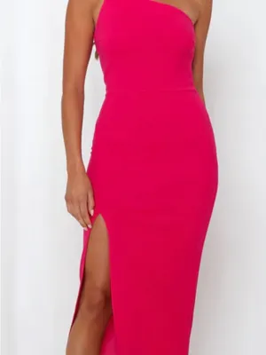 Hello Molly One-Shoulder Fuchsia Midi Dress with Side Slit thumbnail 3