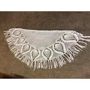Vintage Pineapple Crochet Shawl Fringe Wrap Ivory Boho Festival One Size thumbnail 4