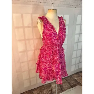 Fate Pink White Paisley V-Neck Chic Ruffle Tiered Sleeveless Mini Dress Small thumbnail 2