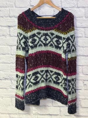 Free People Reed Fair Isle Print Chunk Knit Sweater Wool Linen Alpaca Medium thumbnail 2