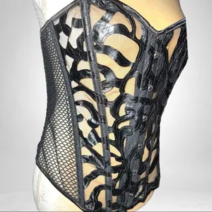 Black ornate leatherette design vintage steam punk style corset with mesh back thumbnail 7