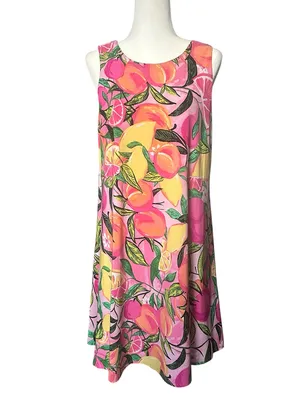 Pappagallo Gwen Peachy Keen Vibrant Summer Pink Tropical Fruit Swing Dress L thumbnail 3
