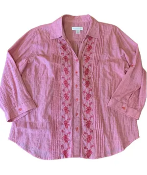 Christopher and Banks Top Large Red White Gingham Red Embroidered Flowers thumbnail 1
