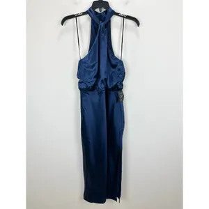 Lulus Jacey Navy Satin Halter Midi Dress Party Cocktail Classic Small NWT thumbnail 6