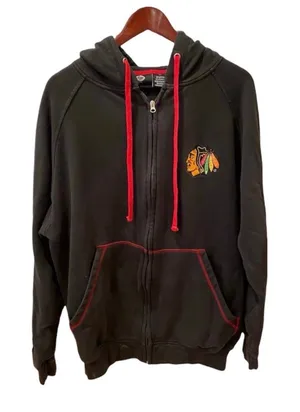 NHL Chicago Blackhawks Zip Up Hoodie Sweatshirt Hockey Black Red Mens M Oversize thumbnail 1