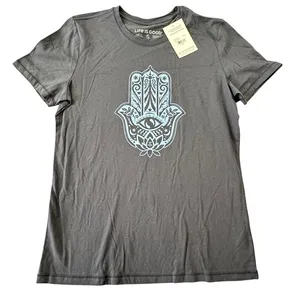 Life is Good Casual Hamsa Lotus Graphic Tee Dusty‎ Blue Gray Cotton Shirt NWT thumbnail 1