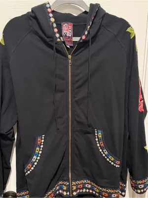 JWLA Johnny Was Zip Hoodie Jacket Embroidered Floral Boho Black Size 1X thumbnail 1